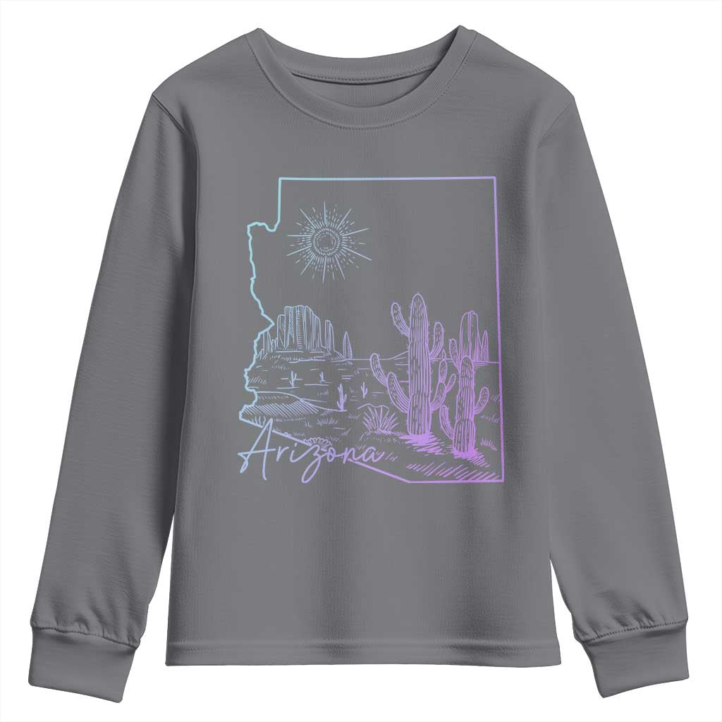 Glowing Arizona State Map Outline Graphic Youth Sweatshirt Neon Gradient Cactus Desert Travel Souvenir TS02 Charcoal Print Your Wear
