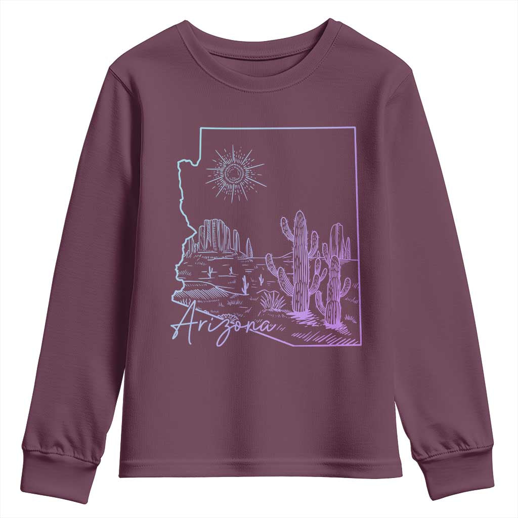 Glowing Arizona State Map Outline Graphic Youth Sweatshirt Neon Gradient Cactus Desert Travel Souvenir TS02 Maroon Print Your Wear