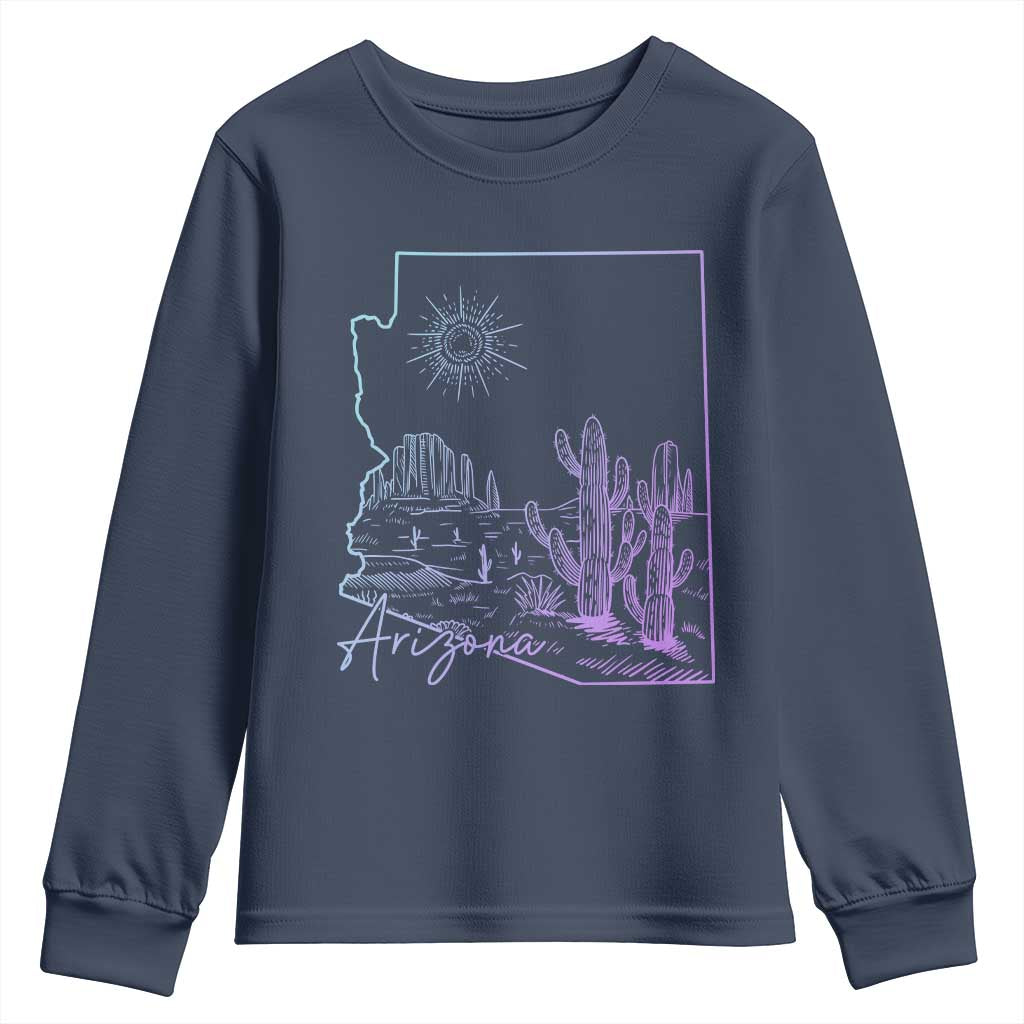 Glowing Arizona State Map Outline Graphic Youth Sweatshirt Neon Gradient Cactus Desert Travel Souvenir TS02 Navy Print Your Wear