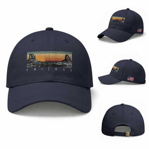 Retro Arizona Sunset Monument Valley Graphic Baseball Cap Panoramic Desert Red Rocks Landscape Souvenir TS02 Baseball Cap Universal Fit Navy Print Your Wear