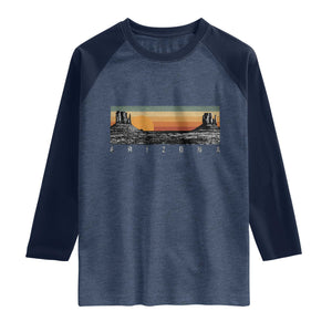 Retro Arizona Sunset Monument Valley Graphic Raglan Shirt Panoramic Desert Red Rocks Landscape Souvenir TS02 Heather Denim Navy Print Your Wear