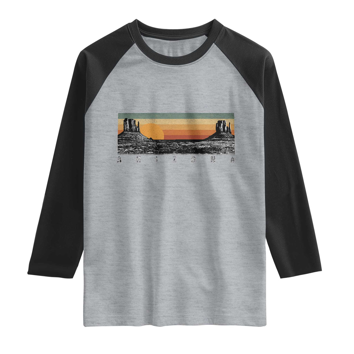 Retro Arizona Sunset Monument Valley Graphic Raglan Shirt Panoramic Desert Red Rocks Landscape Souvenir TS02 Heather Gray Black Print Your Wear