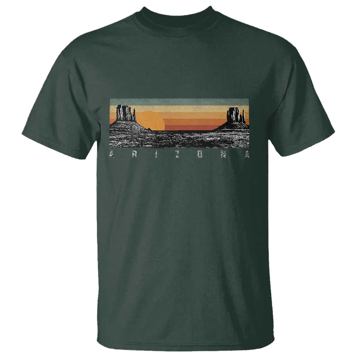 Retro Arizona Sunset Monument Valley Graphic T Shirt Panoramic Desert Red Rocks Landscape Souvenir TS02 Dark Forest Green Print Your Wear