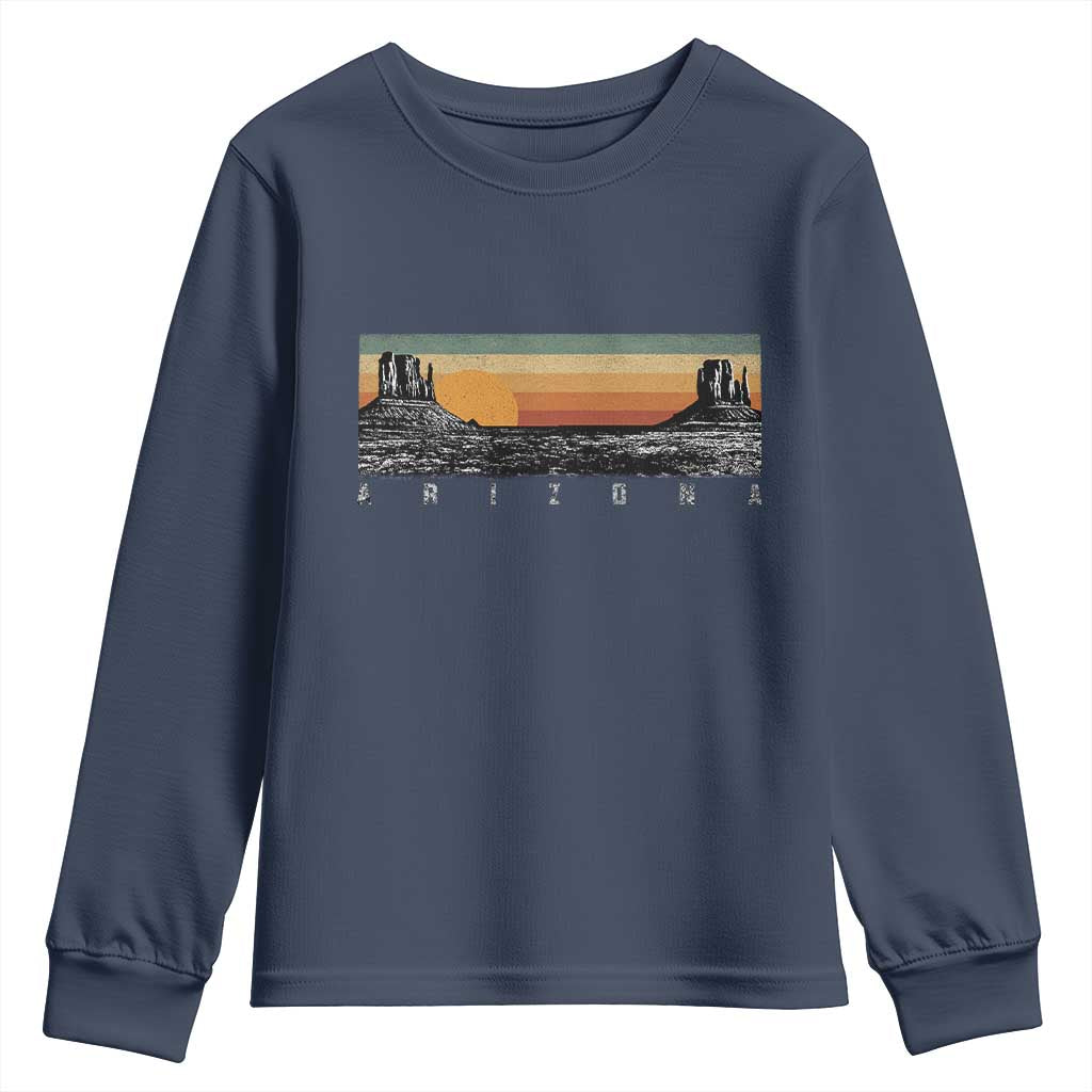 Retro Arizona Sunset Monument Valley Graphic Youth Sweatshirt Panoramic Desert Red Rocks Landscape Souvenir TS02 Navy Print Your Wear