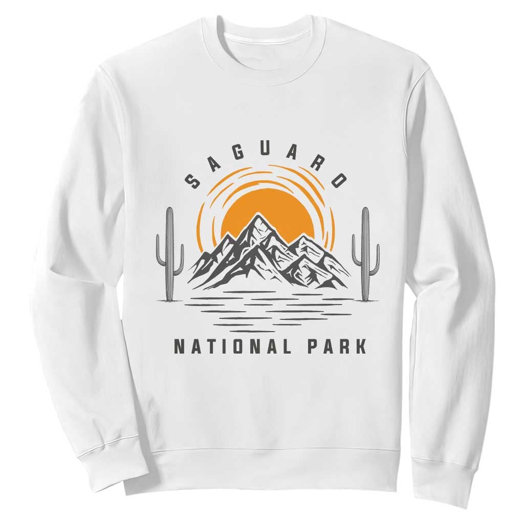 Retro Saguaro National Park Sunset Graphic Sweatshirt Vintage Arizona Desert Mountain Badge Souvenir TS02 White Print Your Wear
