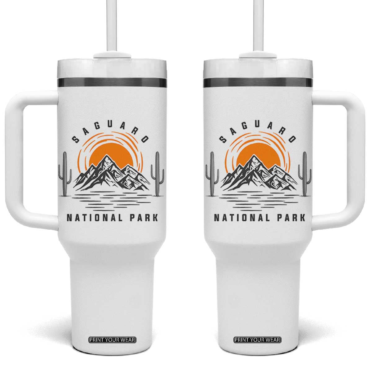 Retro Saguaro National Park Sunset Graphic Tumbler With Handle Vintage Arizona Desert Mountain Badge Souvenir TS02 One Size: 40 oz White Print Your Wear