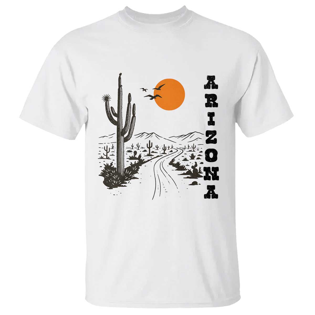 Retro Arizona Desert Road Sunset Graphic T Shirt Vintage Southwest Saguaro Cactus Travel Souvenir TS02 White Print Your Wear