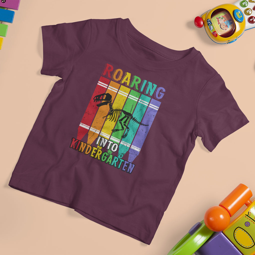 Roaring Into Kindergarten T Shirt For Kid Dinosaur Crayons First Day Of School TS02 Maroon Printyourwear