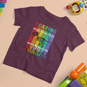 Roaring Into Kindergarten T Shirt For Kid Dinosaur Crayons First Day Of School TS02 Maroon Printyourwear