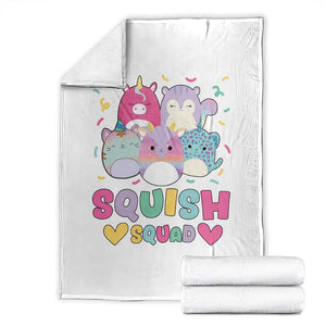 Kawaii Plush Animals Squish Squad Graphic Throw Blanket Cute Pastel Animal Party Confetti
