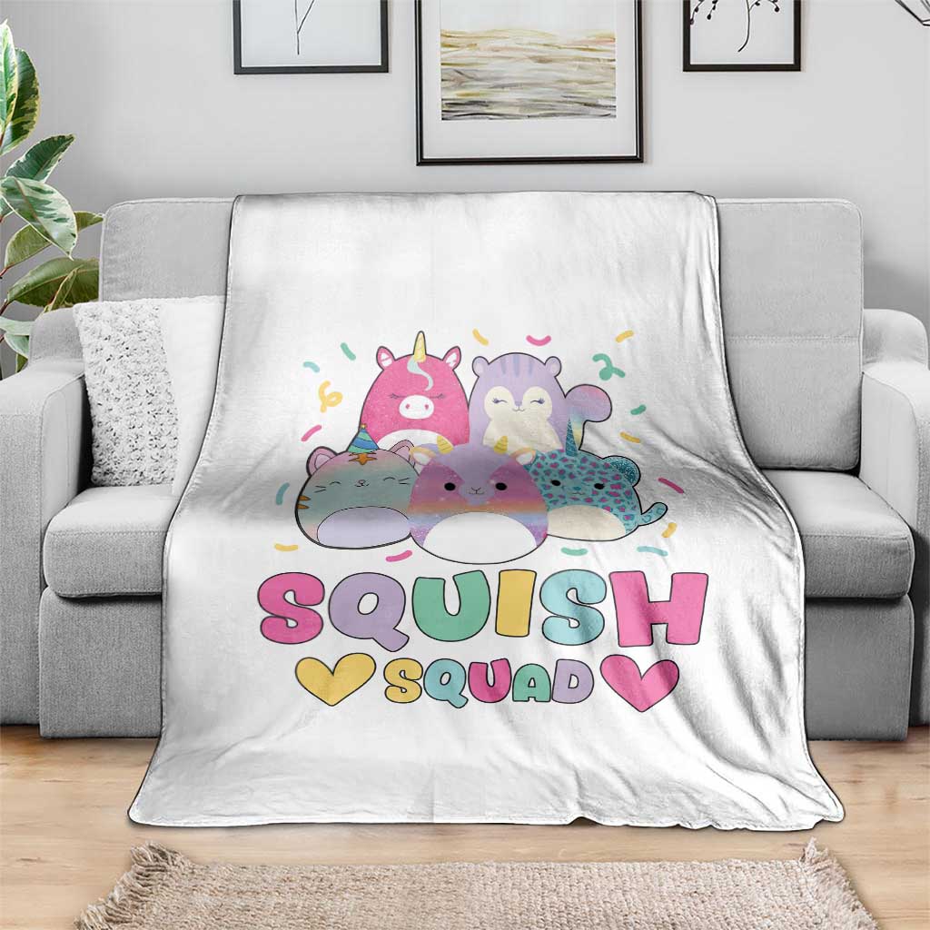 Kawaii Plush Animals Squish Squad Graphic Throw Blanket Cute Pastel Animal Party Confetti