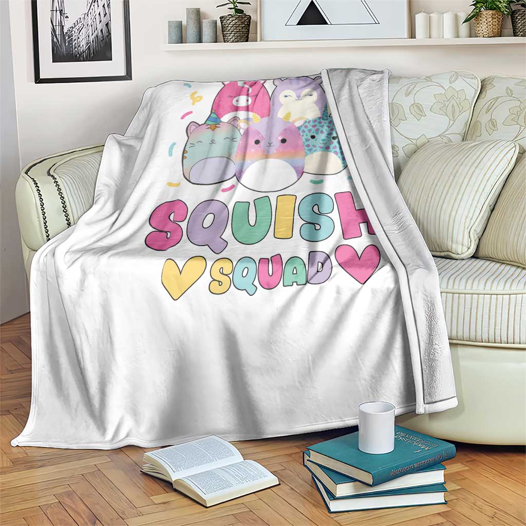 Kawaii Plush Animals Squish Squad Graphic Throw Blanket Cute Pastel Animal Party Confetti