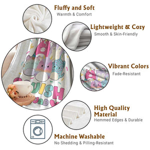 Kawaii Plush Animals Squish Squad Graphic Throw Blanket Cute Pastel Animal Party Confetti