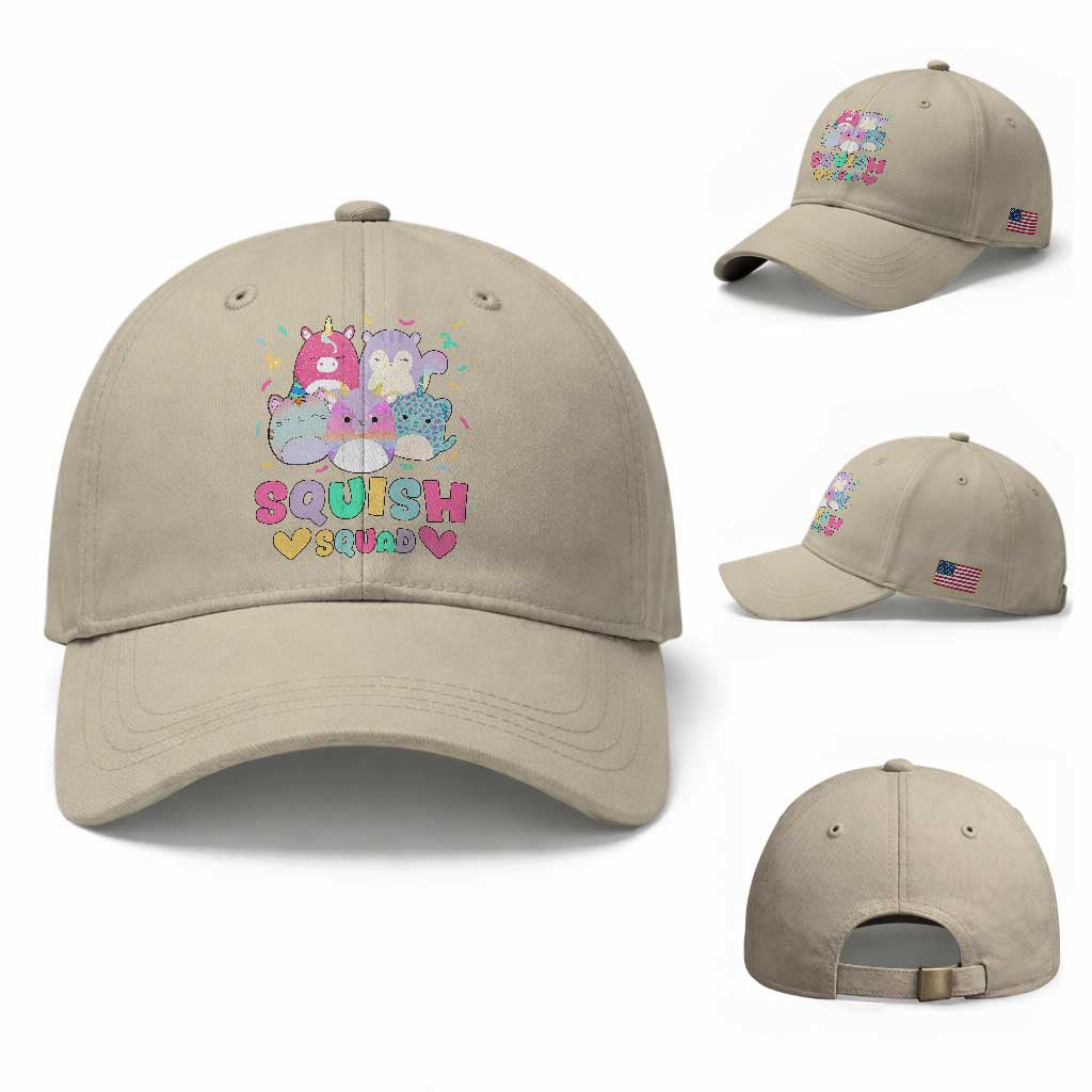 Kawaii Plush Animals Squish Squad Graphic Baseball Cap Cute Pastel Animal Party Confetti