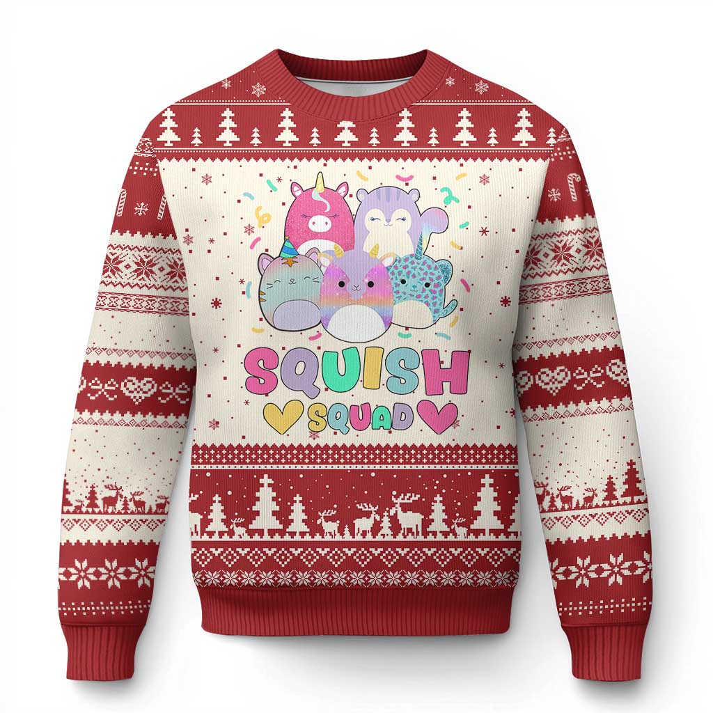 Kawaii Plush Animals Squish Squad Graphic Ugly Christmas Sweater Cute Pastel Animal Party Confetti