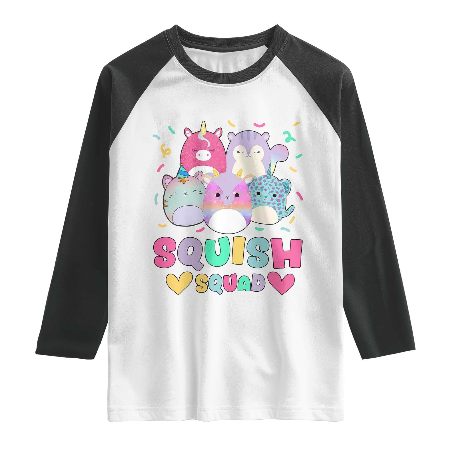 Kawaii Plush Animals Squish Squad Graphic Raglan Shirt Cute Pastel Animal Party Confetti