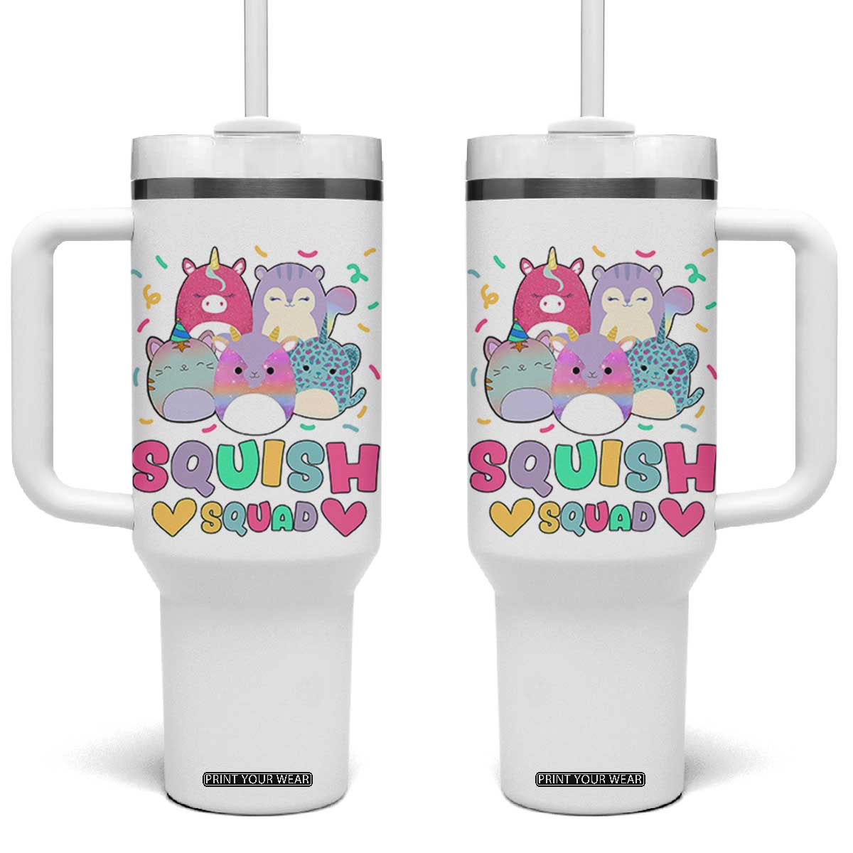 Kawaii Plush Animals Squish Squad Graphic Tumbler With Handle Cute Pastel Animal Party Confetti