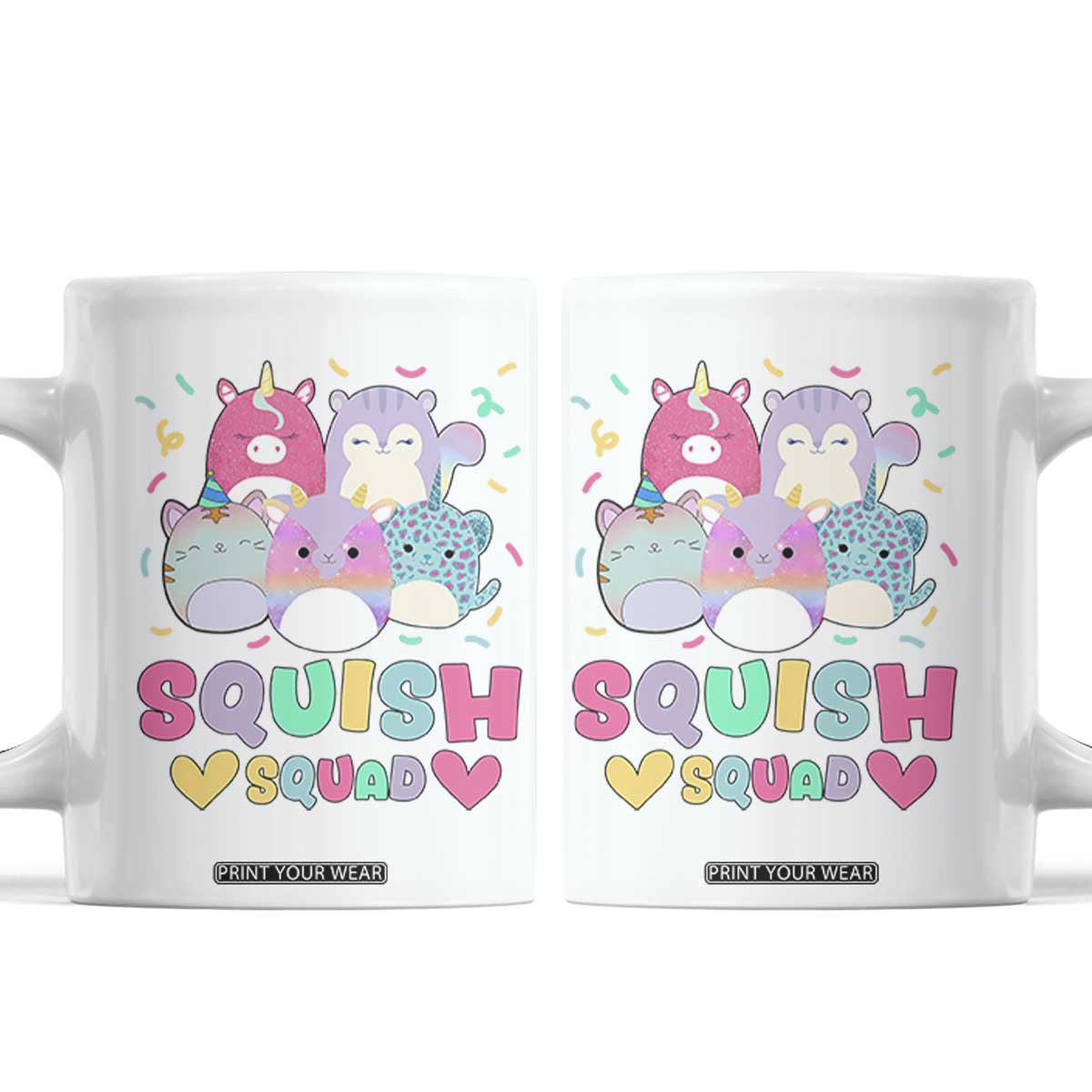 Kawaii Plush Animals Squish Squad Graphic Coffee Mug Cute Pastel Animal Party Confetti