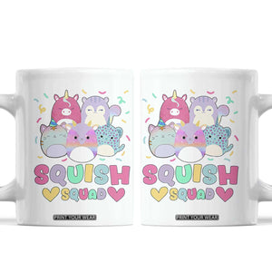 Kawaii Plush Animals Squish Squad Graphic Coffee Mug Cute Pastel Animal Party Confetti