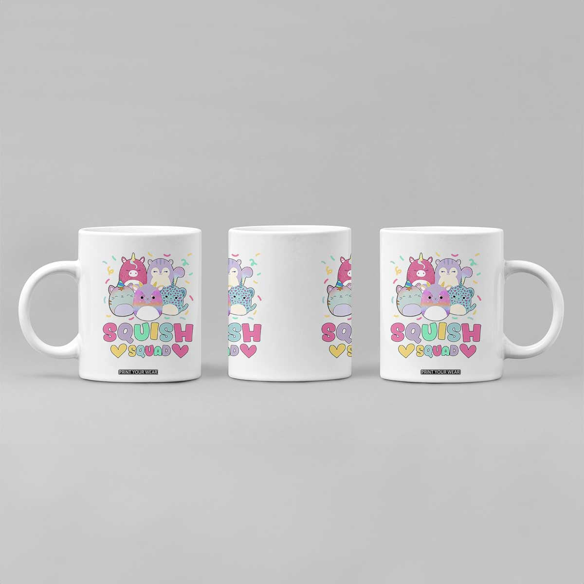 Kawaii Plush Animals Squish Squad Graphic Coffee Mug Cute Pastel Animal Party Confetti