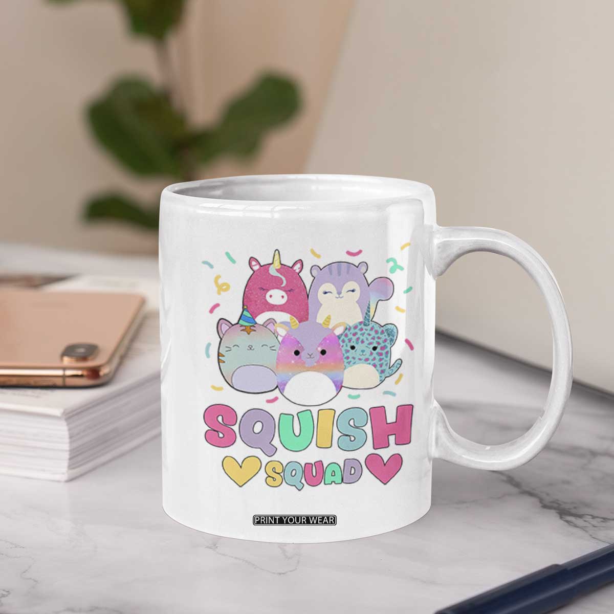 Kawaii Plush Animals Squish Squad Graphic Coffee Mug Cute Pastel Animal Party Confetti