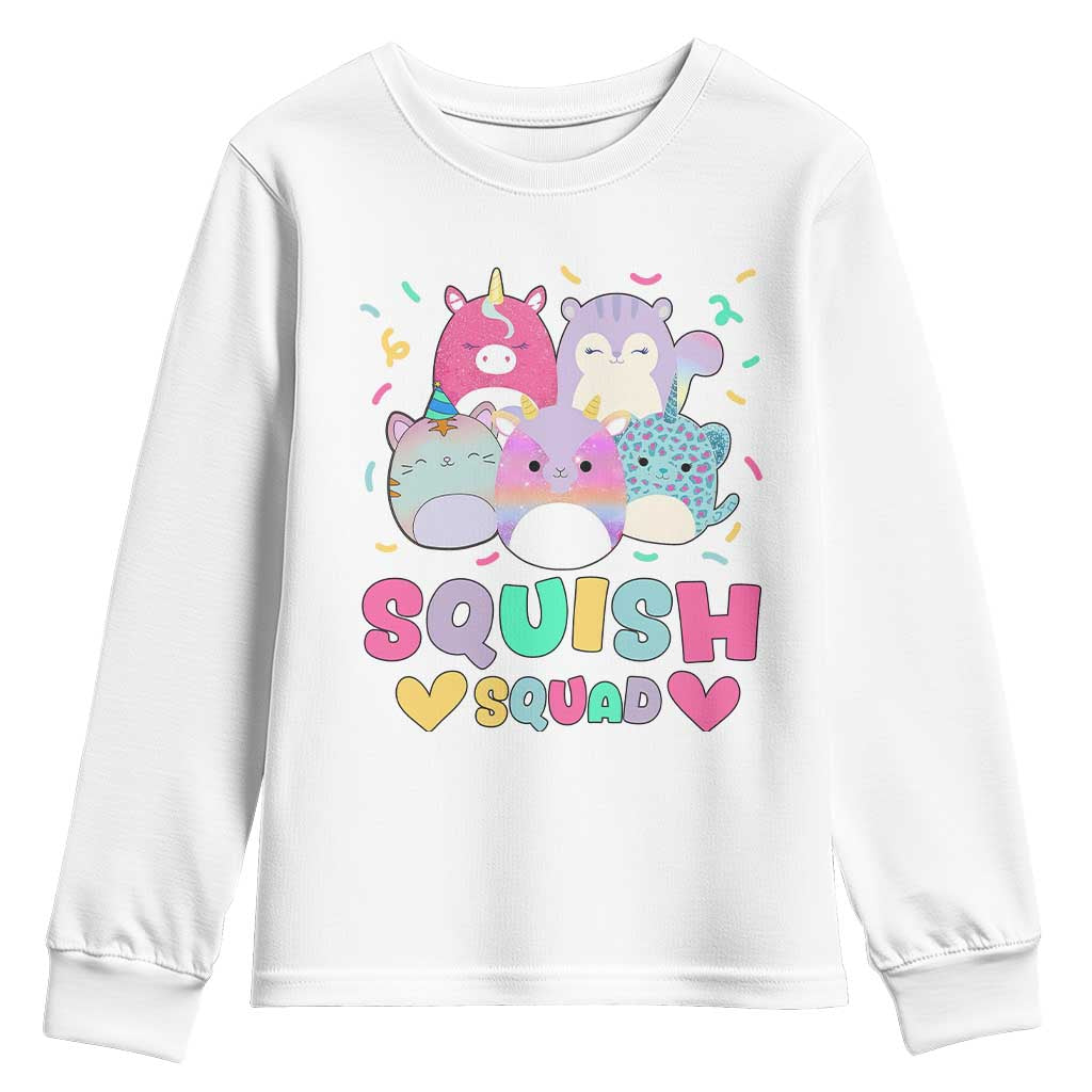 Kawaii Plush Animals Squish Squad Graphic Youth Sweatshirt Cute Pastel Animal Party Confetti