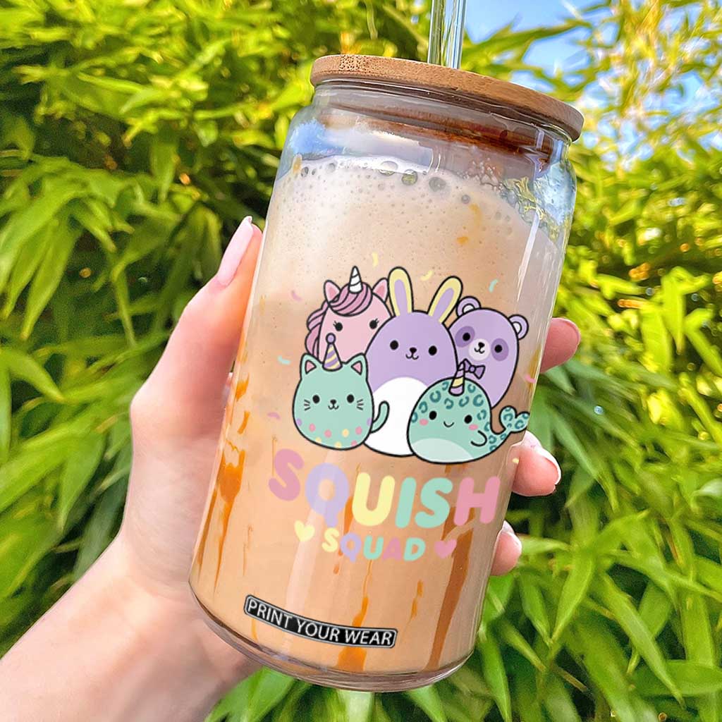 Kawaii Pastel Squish Squad Graphic Glass Can Cute Rainbow Animal Friends