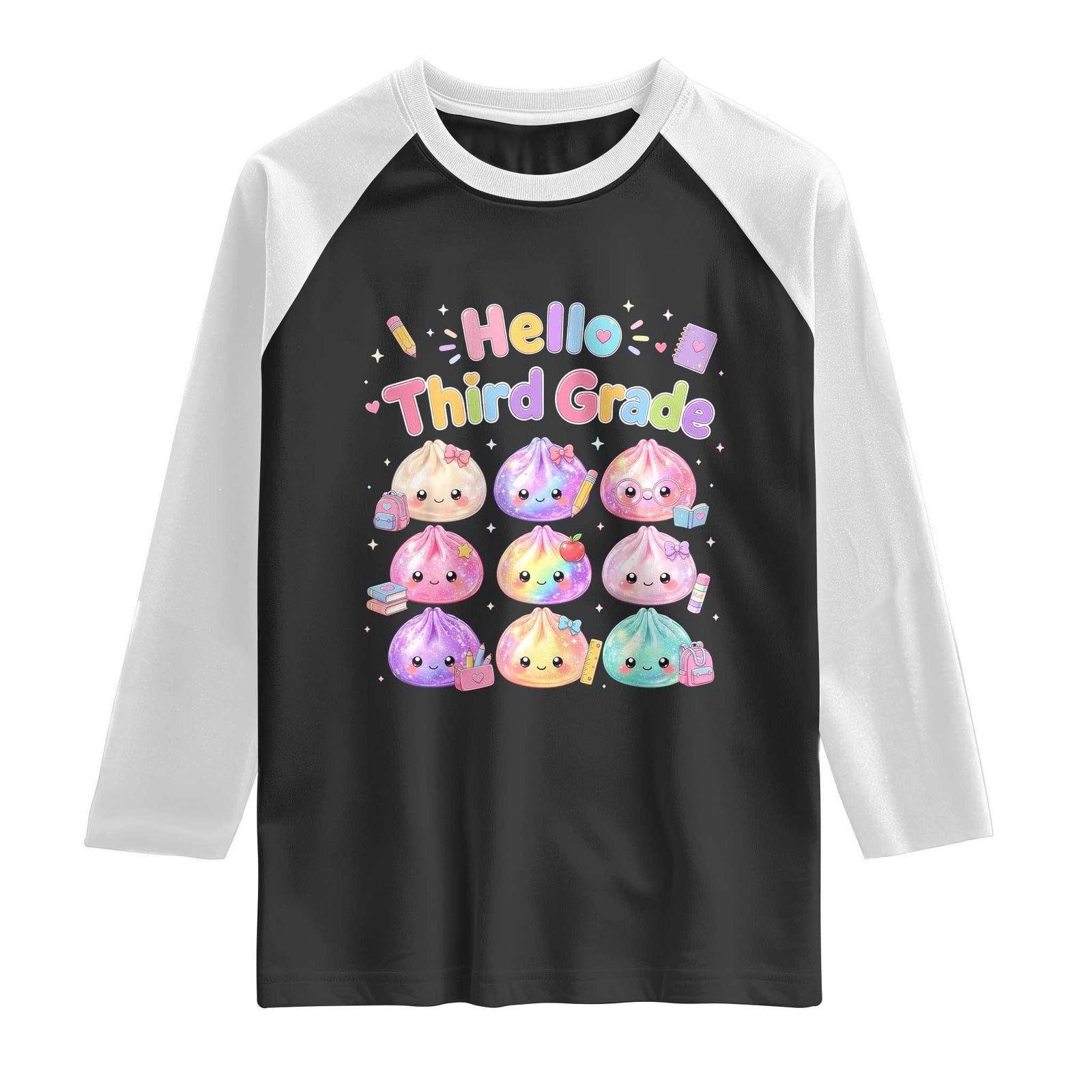 Hello Third Grade Kawaii Glitter Dumplings Graphic Raglan Shirt Cute Back To School 3rd Grade Girls
