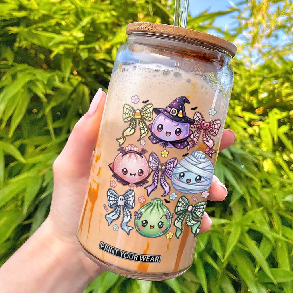 Kawaii Halloween Glitter Dumplings Coquette Bows Graphic Glass Can Cute Spooky Witch Mummy Vampire