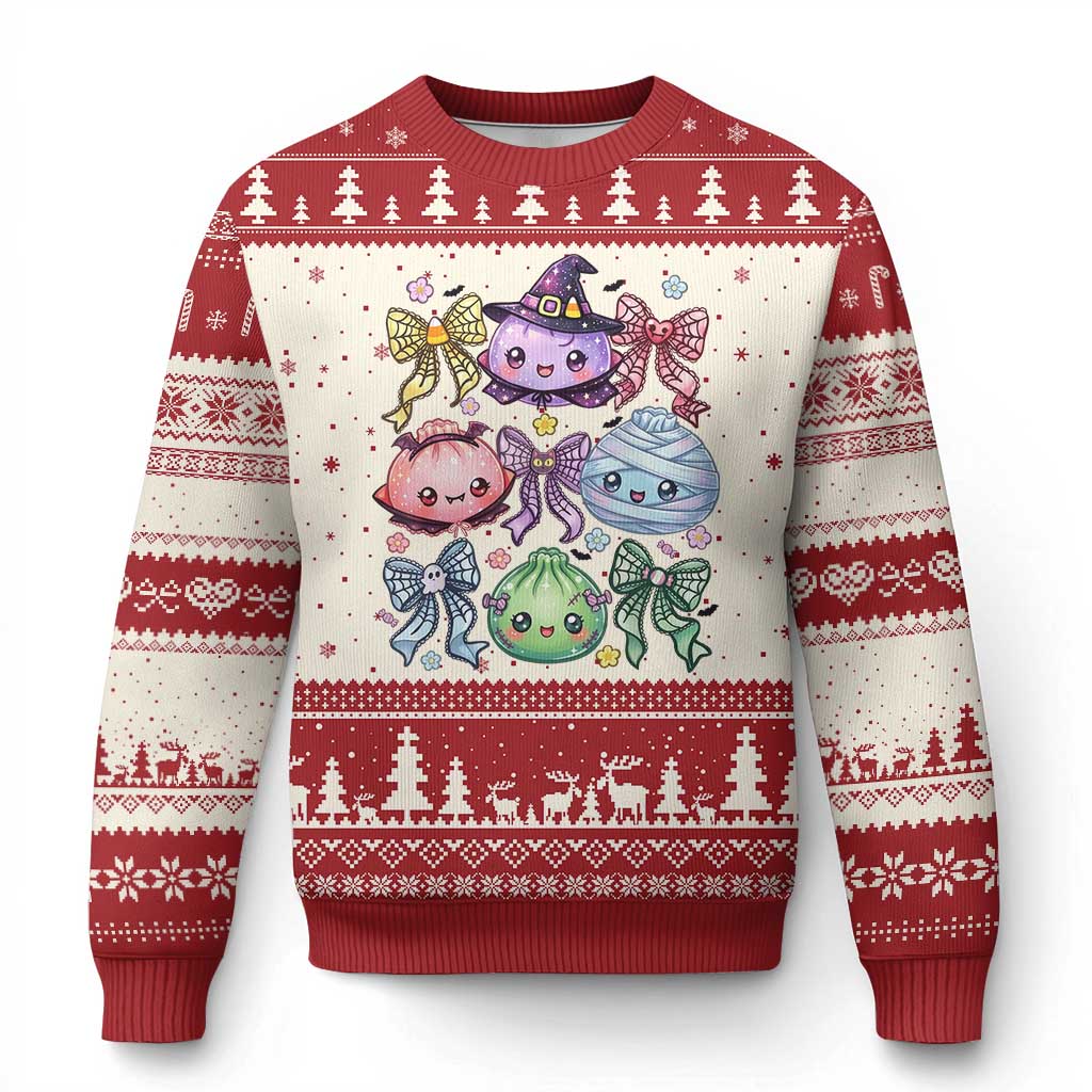 Kawaii Halloween Glitter Dumplings Coquette Bows Graphic Ugly Christmas Sweater Cute Spooky Witch Mummy Vampire
