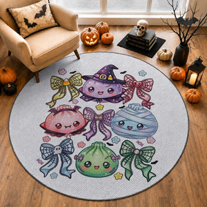 Kawaii Halloween Glitter Dumplings Coquette Bows Graphic Round Rug Cute Spooky Witch Mummy Vampire