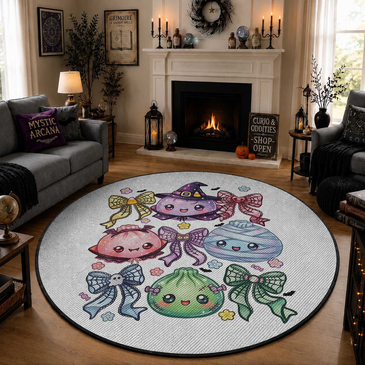 Kawaii Halloween Glitter Dumplings Coquette Bows Graphic Round Rug Cute Spooky Witch Mummy Vampire