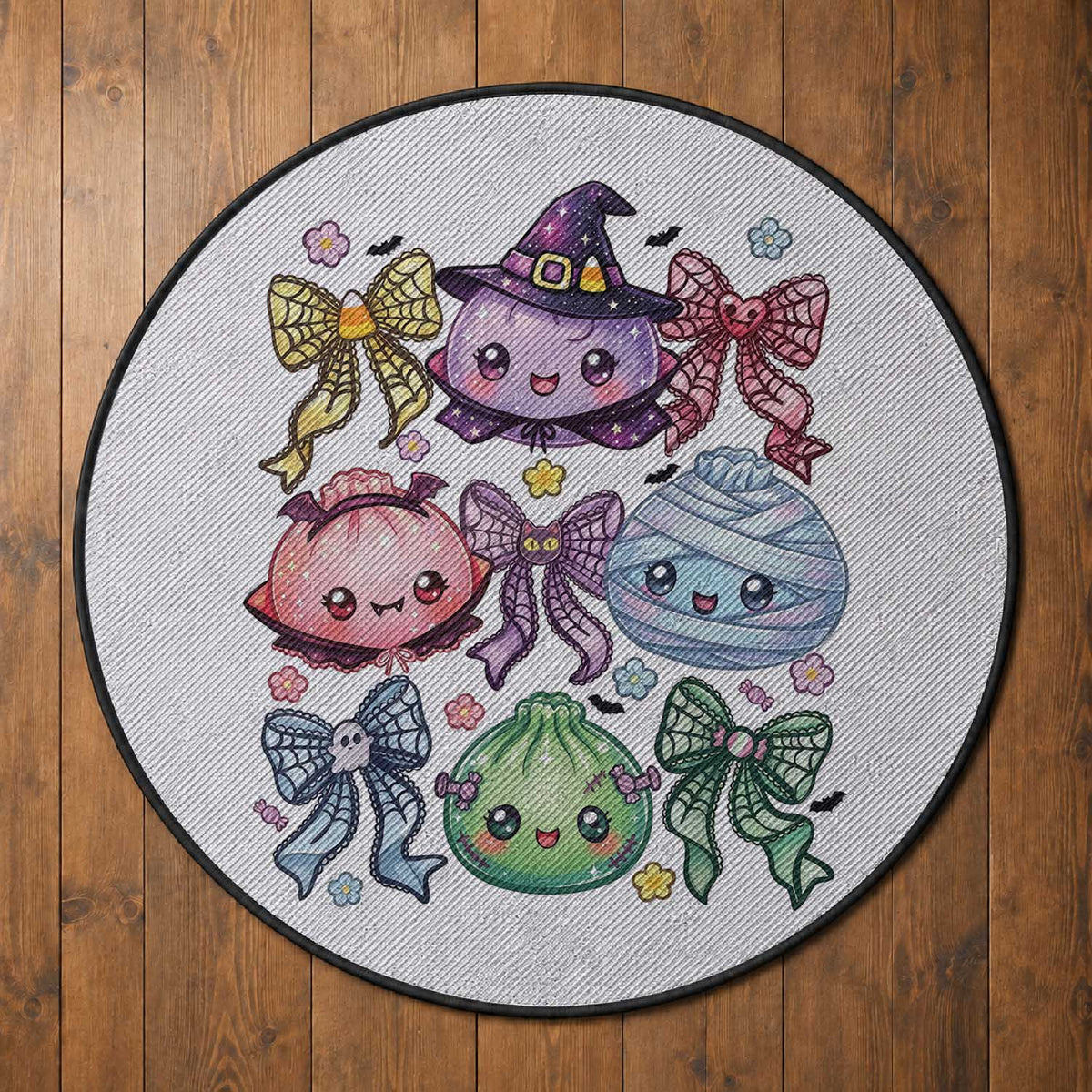 Kawaii Halloween Glitter Dumplings Coquette Bows Graphic Round Rug Cute Spooky Witch Mummy Vampire