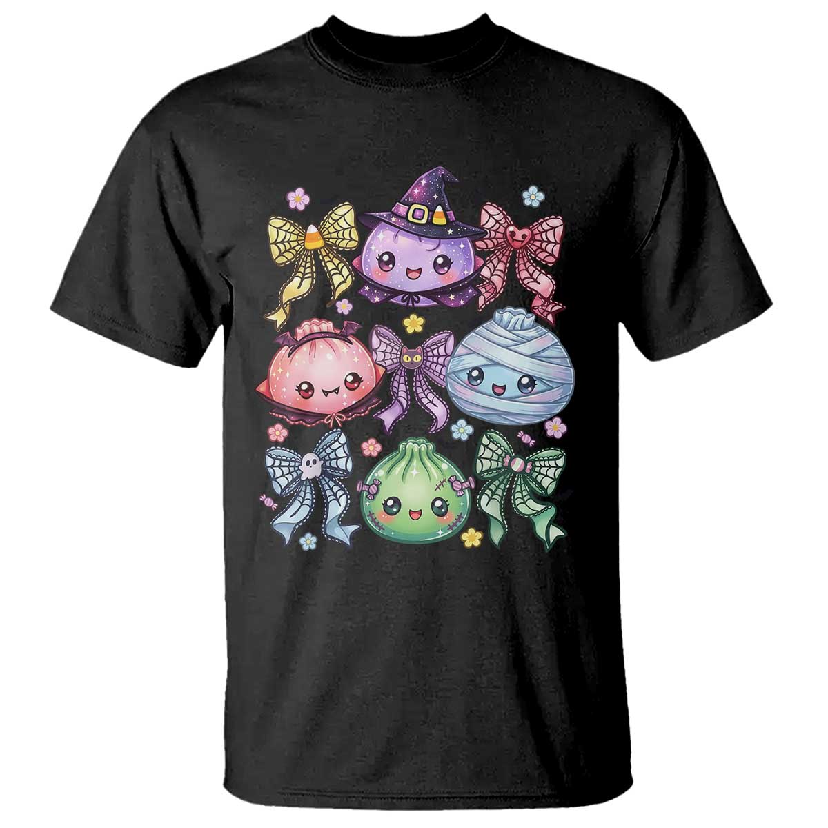 Kawaii Halloween Glitter Dumplings Coquette Bows Graphic T Shirt Cute Spooky Witch Mummy Vampire