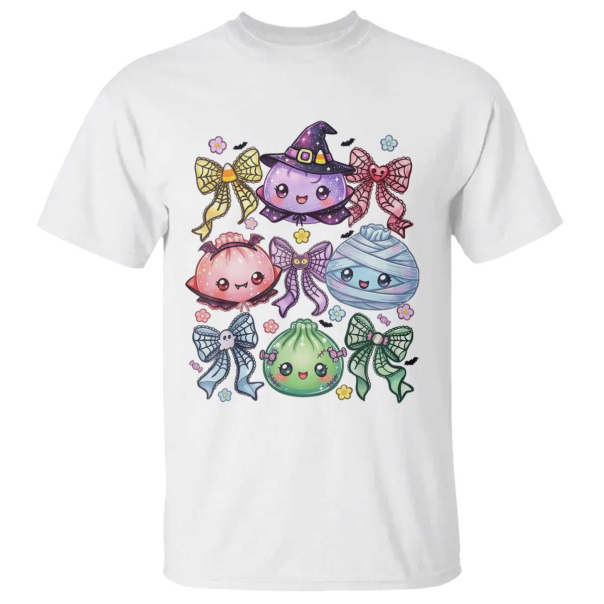 Kawaii Halloween Glitter Dumplings Coquette Bows Graphic T Shirt Cute Spooky Witch Mummy Vampire