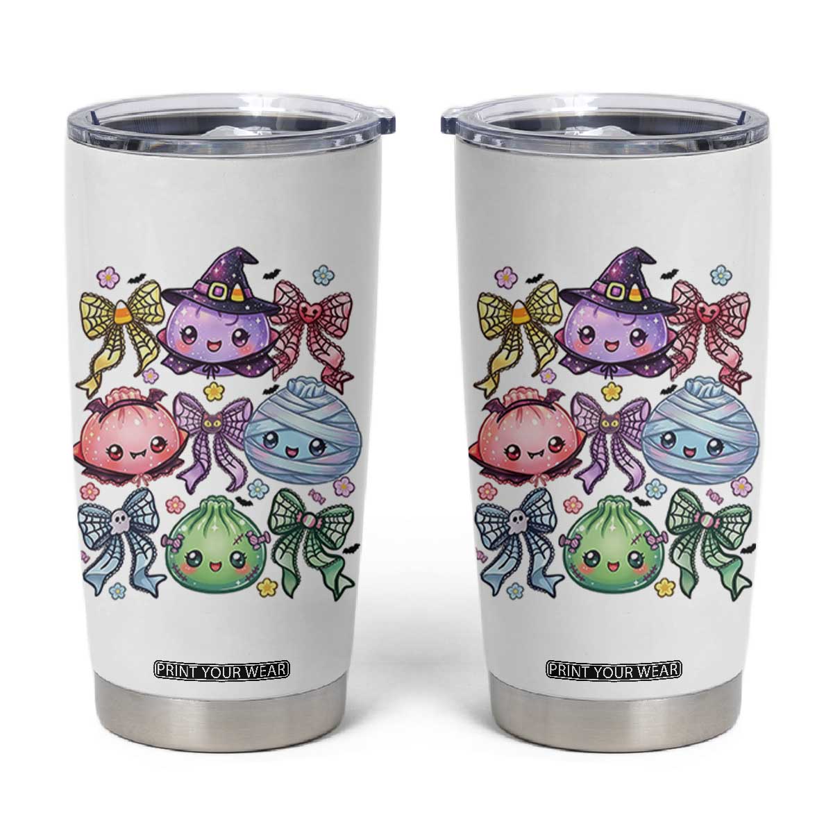 Kawaii Halloween Glitter Dumplings Coquette Bows Graphic Tumbler Cup Cute Spooky Witch Mummy Vampire