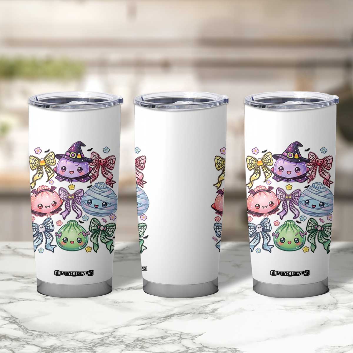 Kawaii Halloween Glitter Dumplings Coquette Bows Graphic Tumbler Cup Cute Spooky Witch Mummy Vampire