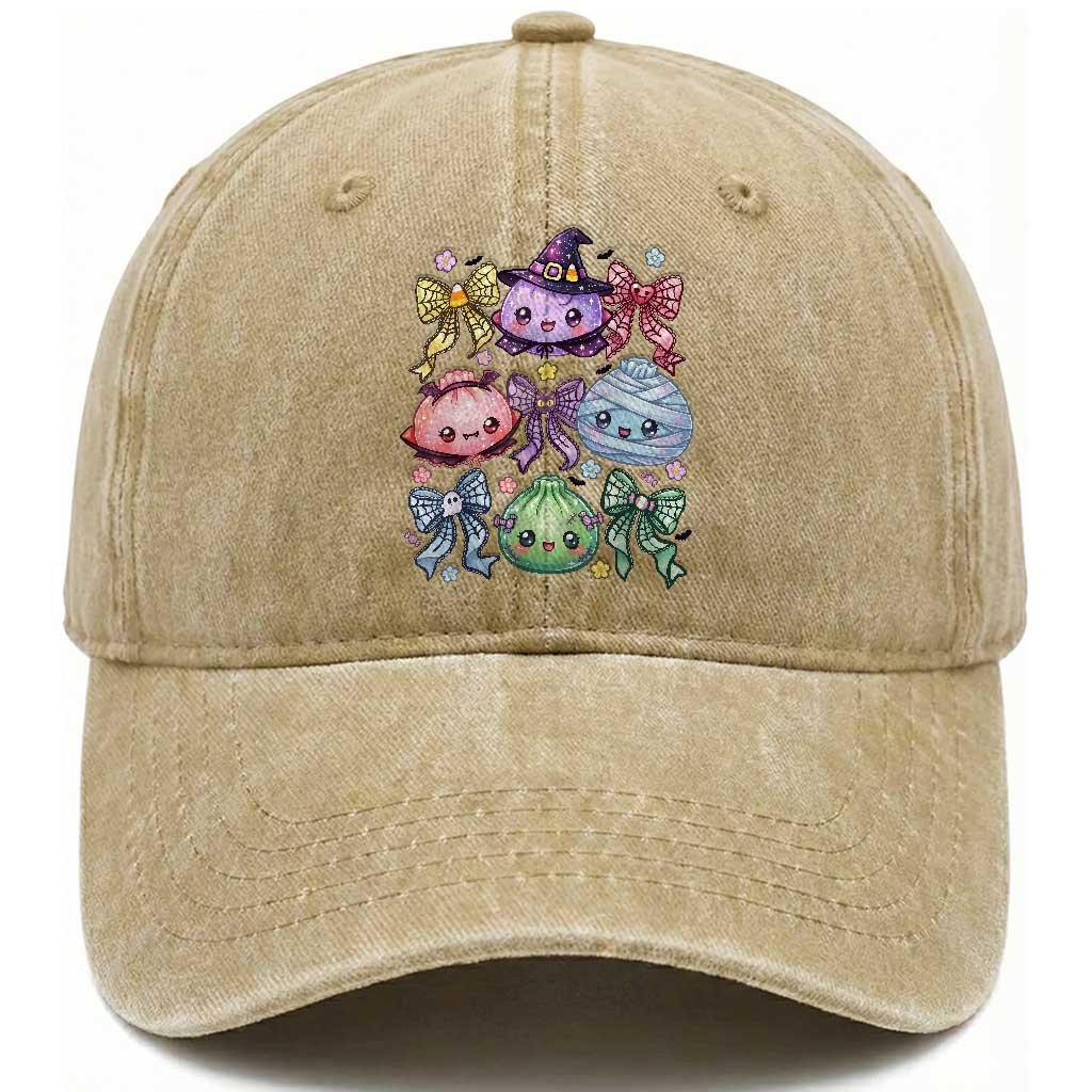 Kawaii Halloween Glitter Dumplings Coquette Bows Graphic Washed Cotton Baseball Cap Cute Spooky Witch Mummy Vampire