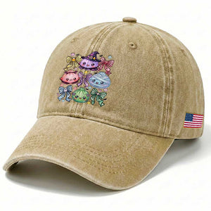 Kawaii Halloween Glitter Dumplings Coquette Bows Graphic Washed Cotton Baseball Cap Cute Spooky Witch Mummy Vampire