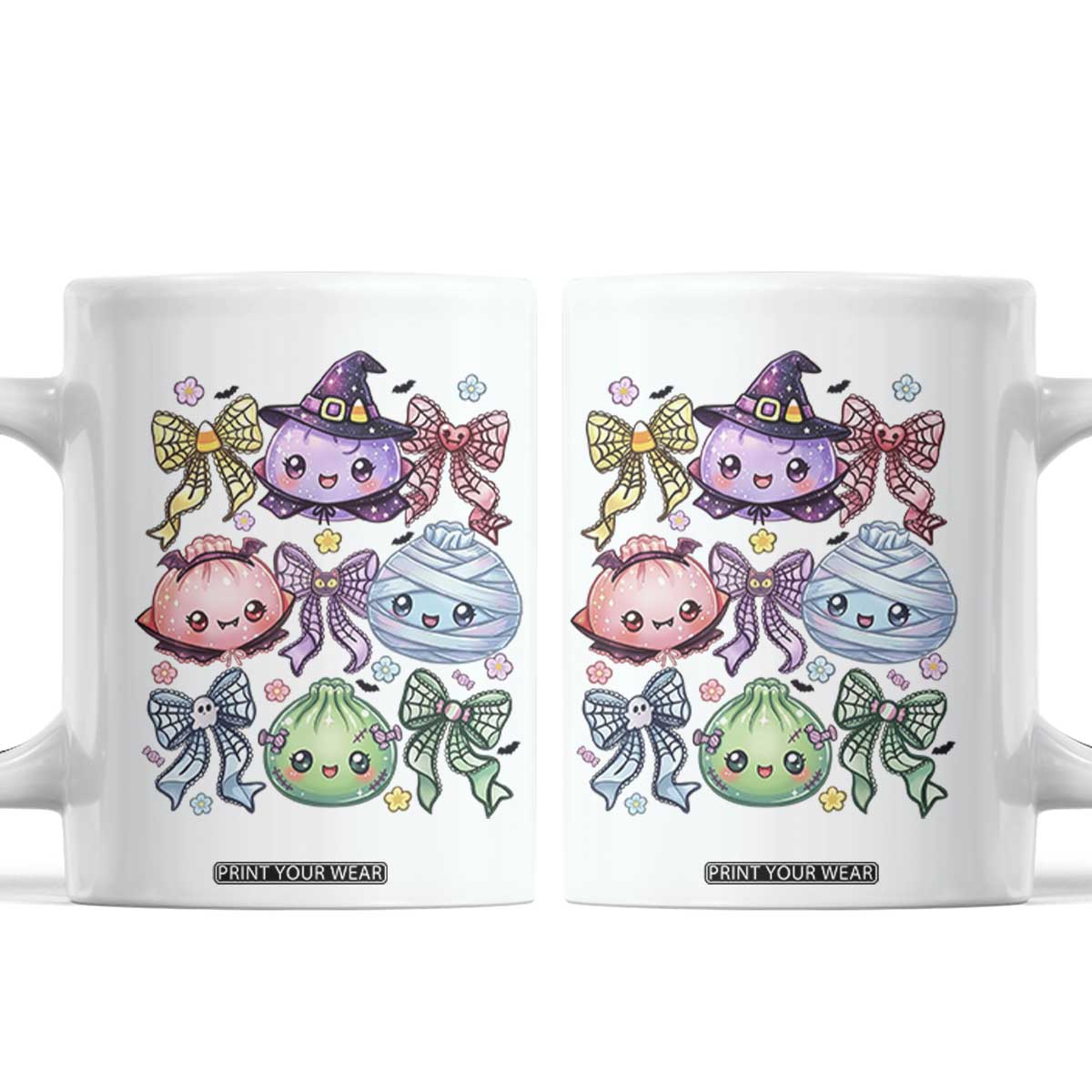 Kawaii Halloween Glitter Dumplings Coquette Bows Graphic Coffee Mug Cute Spooky Witch Mummy Vampire
