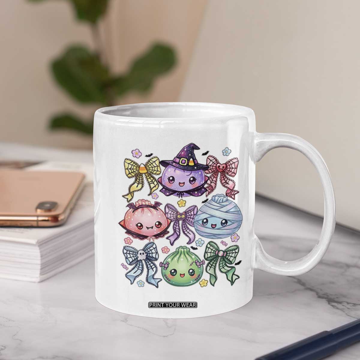 Kawaii Halloween Glitter Dumplings Coquette Bows Graphic Coffee Mug Cute Spooky Witch Mummy Vampire