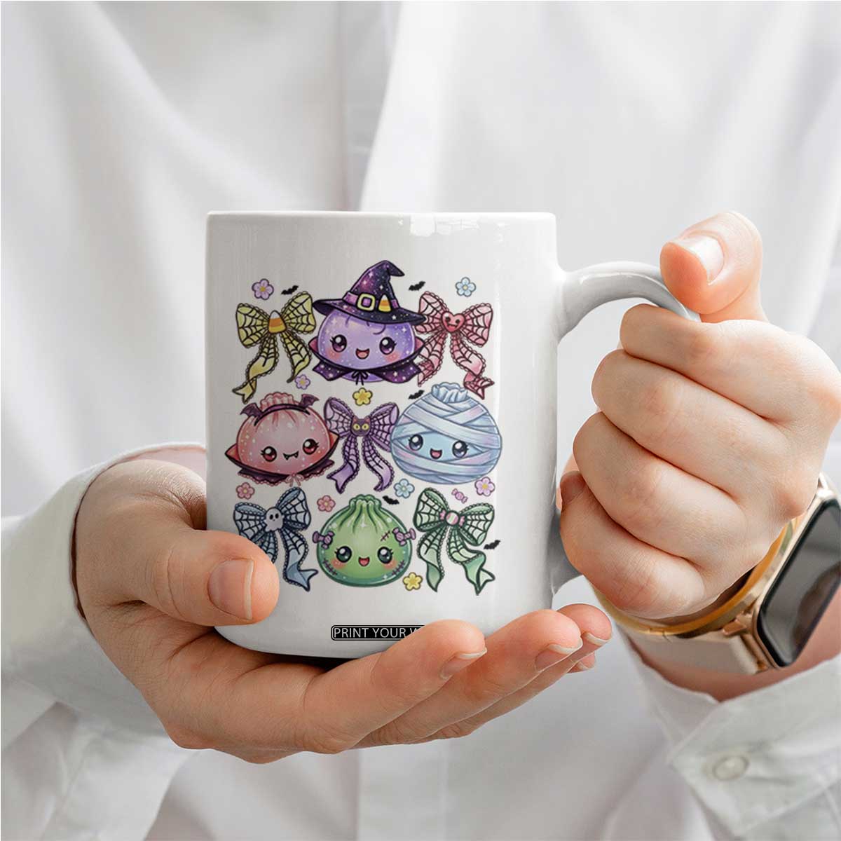 Kawaii Halloween Glitter Dumplings Coquette Bows Graphic Coffee Mug Cute Spooky Witch Mummy Vampire