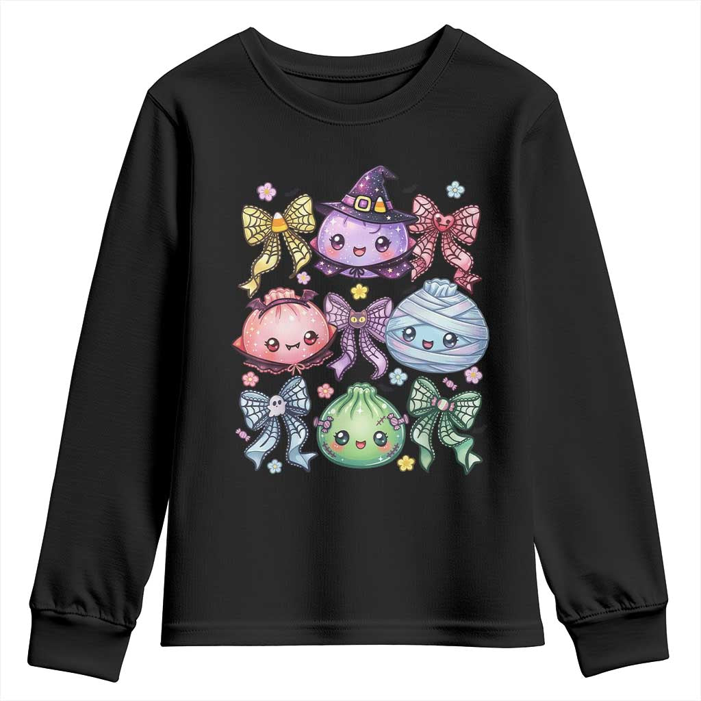 Kawaii Halloween Glitter Dumplings Coquette Bows Graphic Youth Sweatshirt Cute Spooky Witch Mummy Vampire