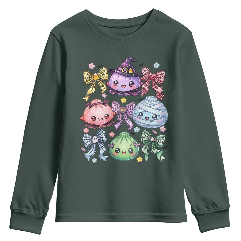 Kawaii Halloween Glitter Dumplings Coquette Bows Graphic Youth Sweatshirt Cute Spooky Witch Mummy Vampire