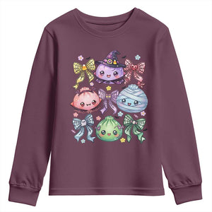 Kawaii Halloween Glitter Dumplings Coquette Bows Graphic Youth Sweatshirt Cute Spooky Witch Mummy Vampire