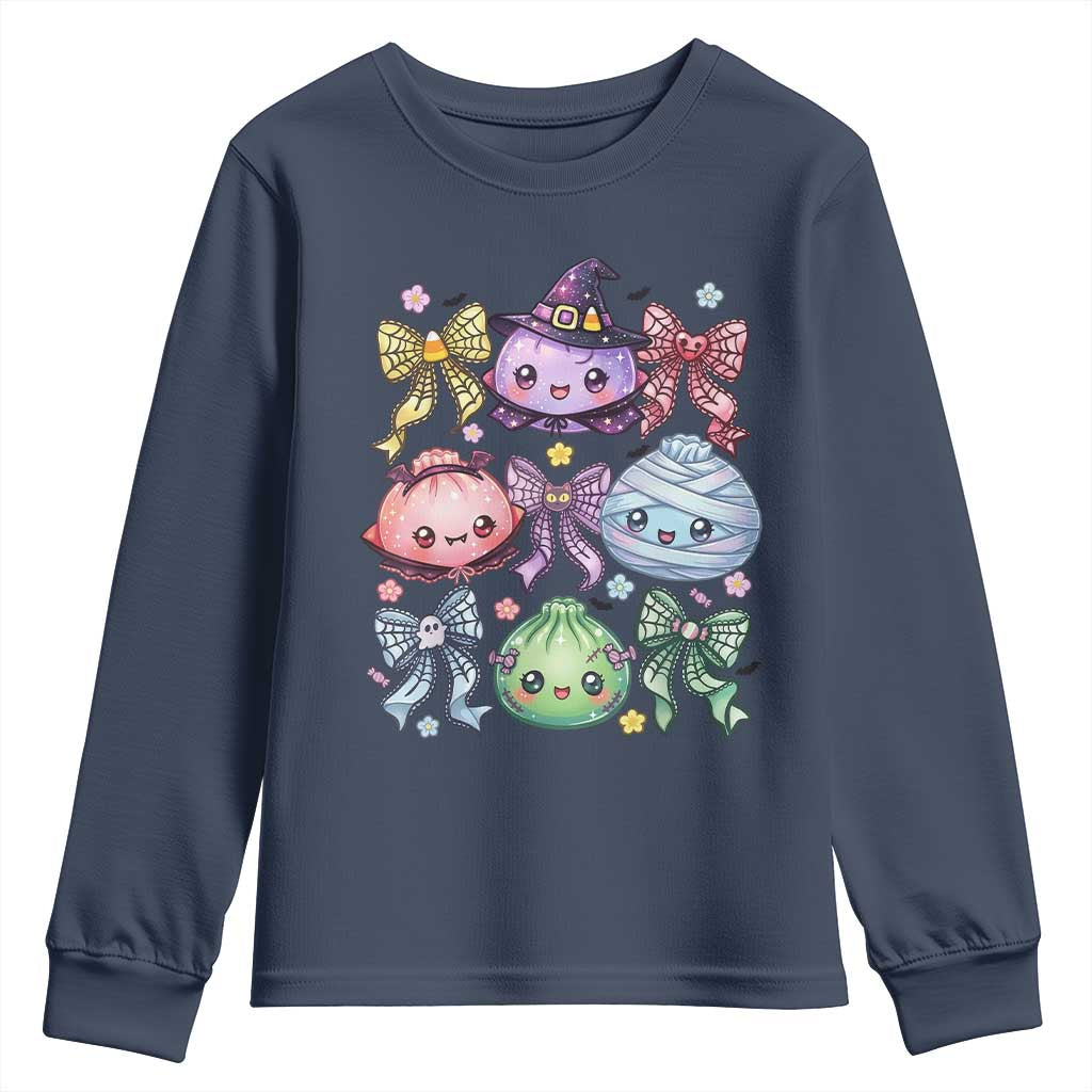 Kawaii Halloween Glitter Dumplings Coquette Bows Graphic Youth Sweatshirt Cute Spooky Witch Mummy Vampire