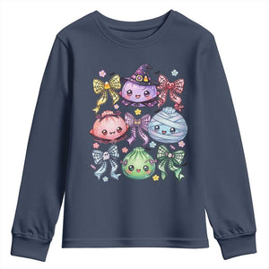 Kawaii Halloween Glitter Dumplings Coquette Bows Graphic Youth Sweatshirt Cute Spooky Witch Mummy Vampire