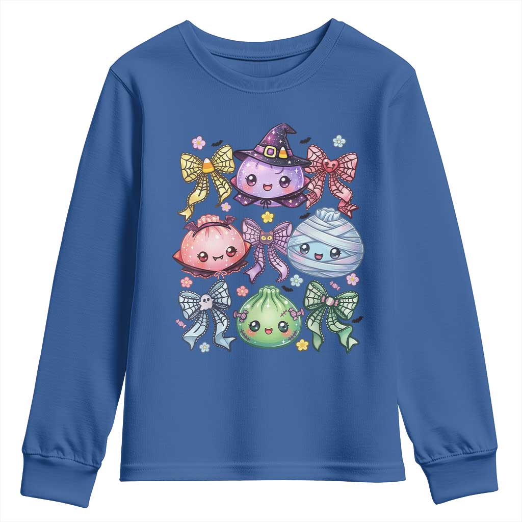 Kawaii Halloween Glitter Dumplings Coquette Bows Graphic Youth Sweatshirt Cute Spooky Witch Mummy Vampire