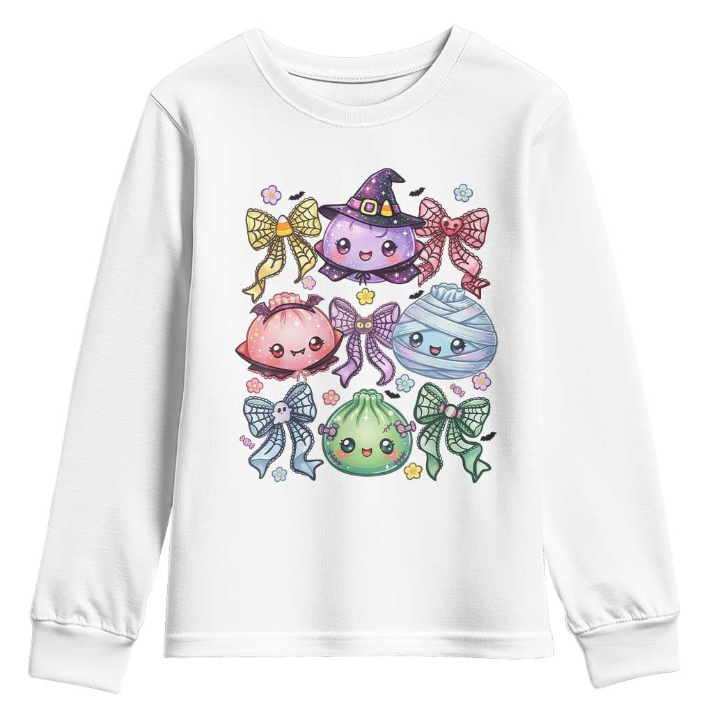 Kawaii Halloween Glitter Dumplings Coquette Bows Graphic Youth Sweatshirt Cute Spooky Witch Mummy Vampire