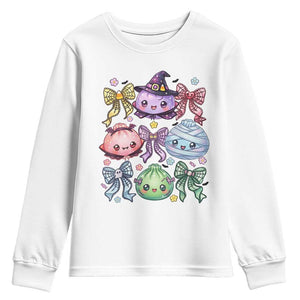 Kawaii Halloween Glitter Dumplings Coquette Bows Graphic Youth Sweatshirt Cute Spooky Witch Mummy Vampire